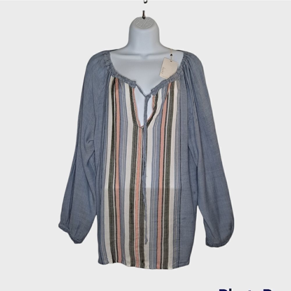 dylan Striped Boho Top Blue Peach Grey Medium